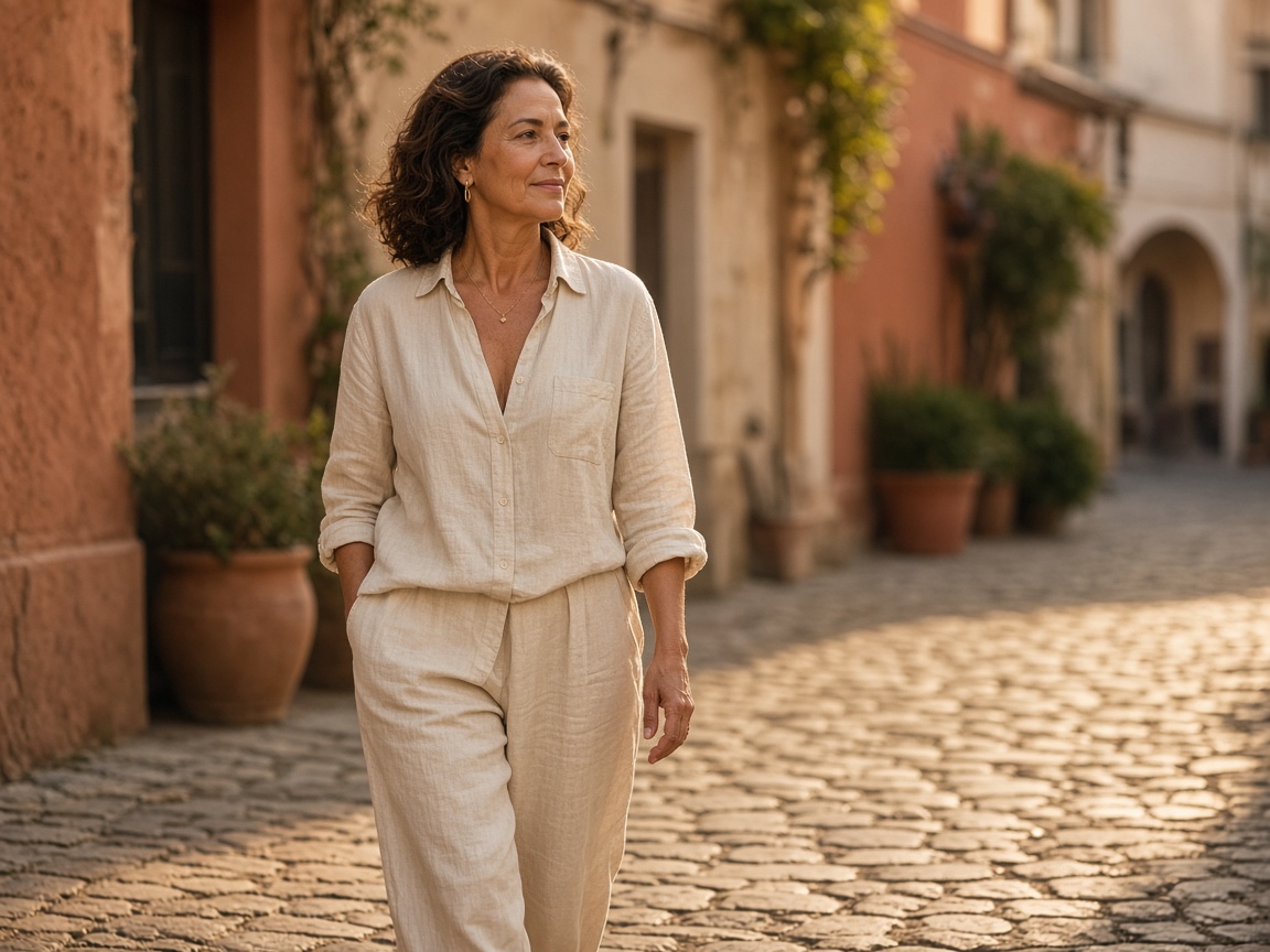 Donna che cammina con passo sereno in un borgo italiano